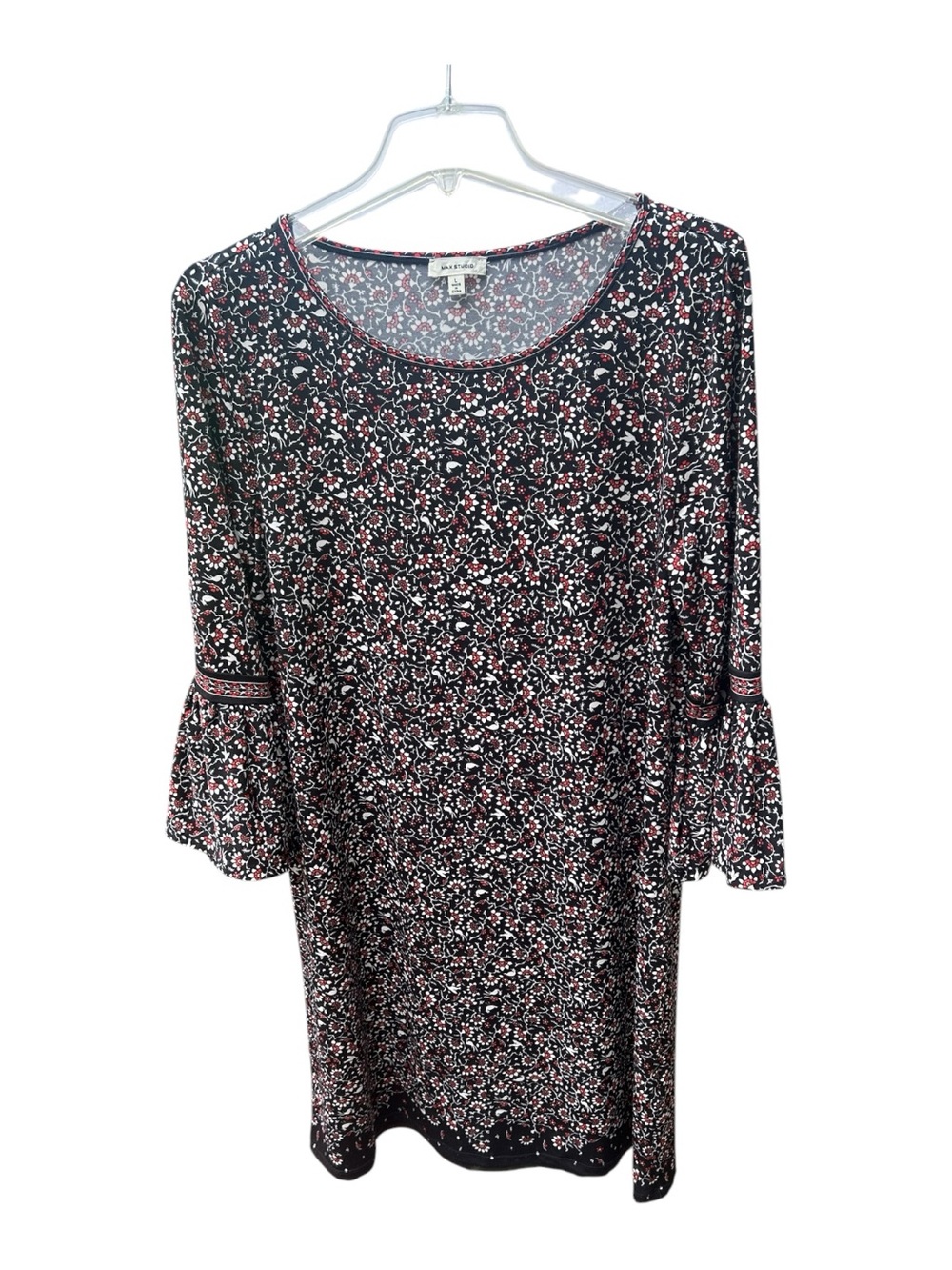 Max Studio Black Floral Midi Dress (3/4 Sleeve Length) with Bell Sleeves